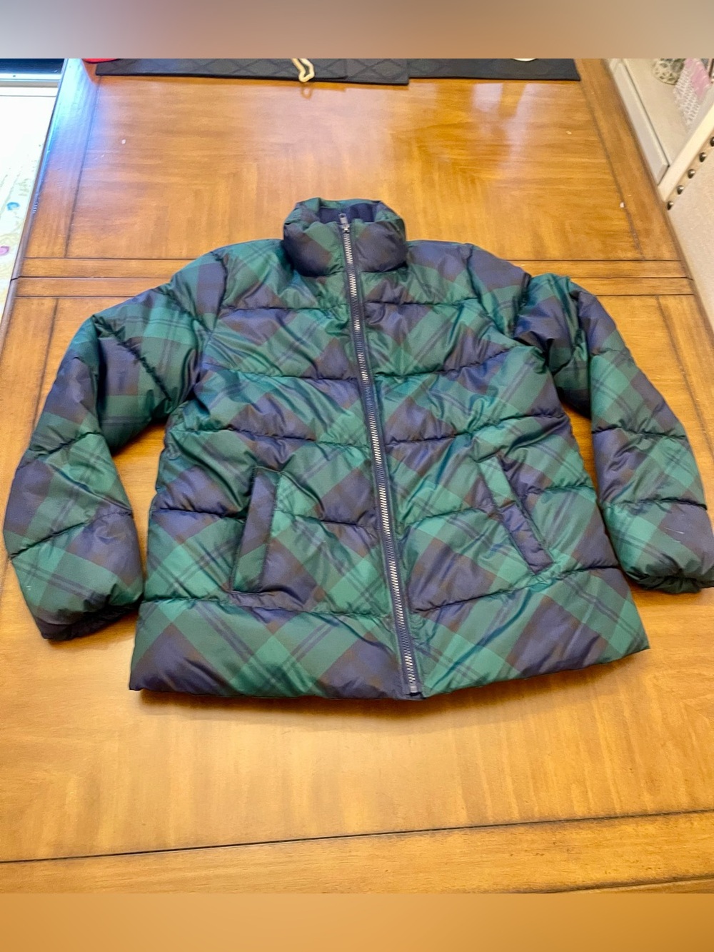 Old Navy Green and Navy Plaid Quilted Puffer Jacket-waterproof